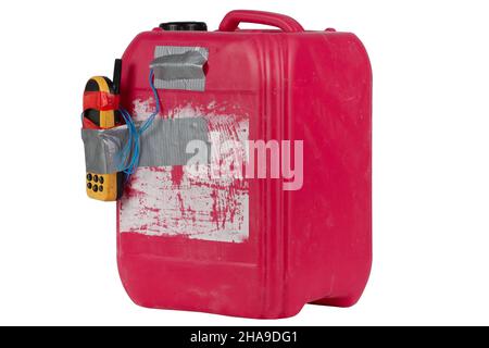 Roter Chemiekrug IED Bombe mit Handy-Sicherung. Stockfoto