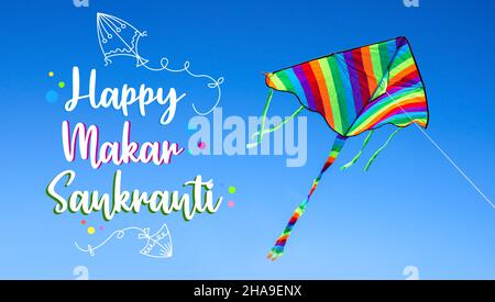 Schöne Grußkarte für Happy Makar Sankranti mit Drachen Stockfoto