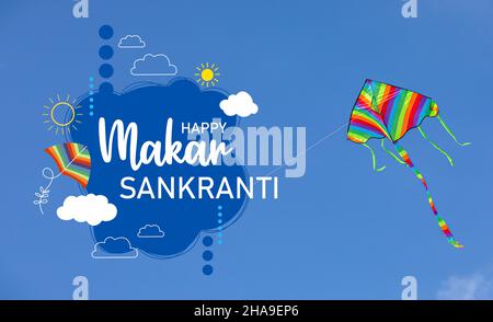 Schöne Grußkarte für Happy Makar Sankranti mit Drachen Stockfoto