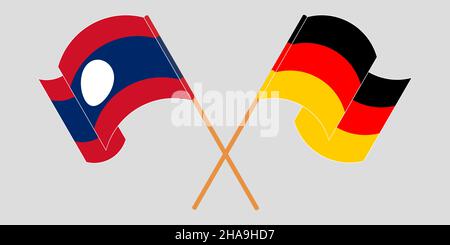 Gekreuzte und winkende Flaggen von Laos und Deutschland. Vektorgrafik Stock Vektor