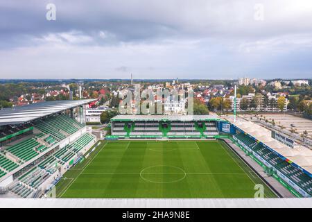 Luftaufnahme über den Sportpark Ronhof Thomas Sommer, Heimstadion des Fußball-Bundesligisten SpVgg Greuther Fürth. Deutschland - Oktober 2021 Stockfoto