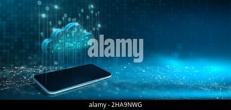 Cloud-Computing-Technologie Internet und Binärcode auf Smartphones mit abstraktem Hintergrund. Cloud Service und Cloud Storage on Mobile Konzept. 3D ren Stockfoto
