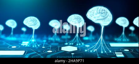 Ai Brain Neural Network Super Computer. Künstliche Intelligenz, Deep Learning, Machine Learning und NLP Natural Language Processing kognitive Rechenleistung Stockfoto