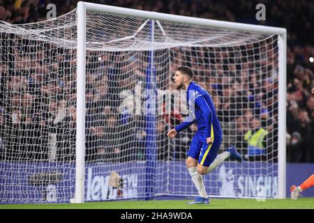 London, Großbritannien. 11th Dez 2021. Jorginha aus Chelsea feiert das Tor seines Teams mit 2nd Punkten aus einer Strafe.Premier League-Spiel, Chelsea gegen Leeds United am Samstag, den 11th. Dezember 2021 in der Stamford Bridge in London. Dieses Bild darf nur für redaktionelle Zwecke verwendet werden. Nur zur redaktionellen Verwendung, Lizenz für kommerzielle Nutzung erforderlich. Keine Verwendung bei Wetten, Spielen oder Veröffentlichungen in einem Club/einer Liga/einem Spieler. PIC von Steffan Bowen/Andrew Orchard Sports Photography/Alamy Live News Credit: Andrew Orchard Sports Photography/Alamy Live News Stockfoto