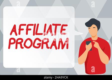 Unterzeichnen Sie das angezeigte Partnerprogramm. Geschäftskonzept automatisierte Plattform von zwei oder mehr Parteien Associated man Illustration Using Mobile and Displaying Stockfoto