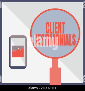 Handschriftliche Texte Kundenstimmen. Business Showcase schriftliche Erklärung Personen zertifizieren Charakterwert Illustration des aktiven Smartphones Stockfoto