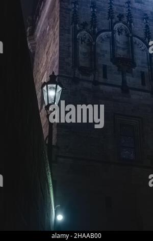 Straßenlampen und Licht von ihnen auf der alten Stein Charles Bridge im Nachtnebel und Silhouetten von Figuren Stockfoto