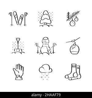 Winterurlaub in den Bergen. Freizeitsport, kalte Temperaturen und warme Kleidung. Symbole im Doodle-Stil Stock Vektor