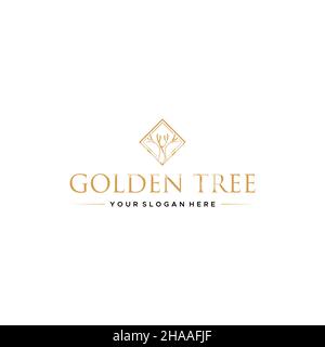 Minimalistische Linie Kunst GOLDEN BAUM Pflanze Logo-Design Stock Vektor