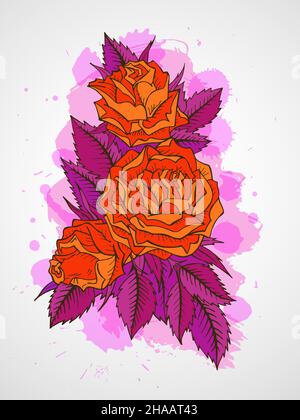 Vektor handgezeichnete Illustration mit Blumen auf texturiertem Aquarell Hintergrund. In orange und lila Farben. Stock Vektor