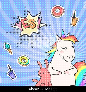 Niedliche handgezeichnete Einhorn- und Sprechblase mit Text JA! Vektor Pop Art Hintergrund. Poster, Grußkarte oder Einladung im Comic-Stil. Stock Vektor