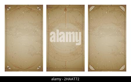 Vector Set aus drei Vintage-Hintergründe mit geometrischen Symbolen und Rahmen. Abstrakte geometrische Symbole und heilige mystische Zeichen in Linien gezeichnet. In Sepia Stock Vektor