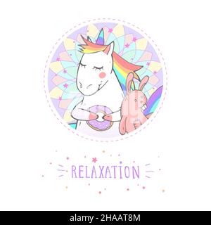 Vektor-Aufkleber oder Symbol mit handgezeichneten niedlichen Einhorn, Hase Spielzeug und Text - ENTSPANNUNG auf withe Hintergrund. Für Ihr Design. Cartoon-Stil. Farbig. Stock Vektor