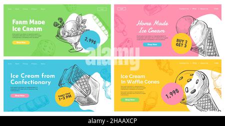 Eiscreme, Landing Banner Set, Vektorgrafik Stock Vektor