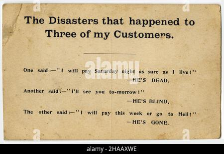 Vintage-Postkarte, die Kunden Kredit verweigert, Datum unbekannt Stockfoto