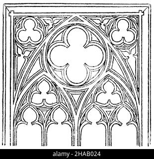 Gotischer Baustil. Füllen in Form eines Fensters in einem Quadrat mit alten und jungen Pfosten eingefügt. Hauptformen dieser Tracery: Pässe (drei Pässe, vier Pässe, fünf Pässe) Rosen, Fischblasen, Schneusen., , (Architekturgeschichte Stockfoto