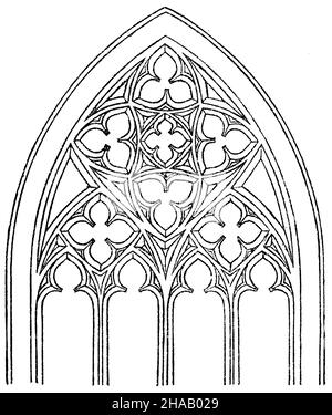 Gothic-Style. Fenstertracery mit Pfosten von gleicher Dicke., , (Architekturgeschichte Stockfoto