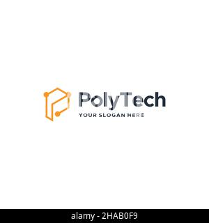 Flaches, dreifaches POLYTECH-Logo mit Buchstabenzeichen Stock Vektor