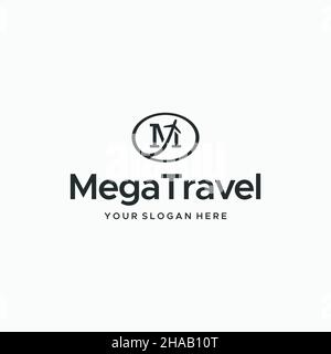 Flaches Buchstabenzeichen Initiales M Mega Travel Logo-Design Stock Vektor