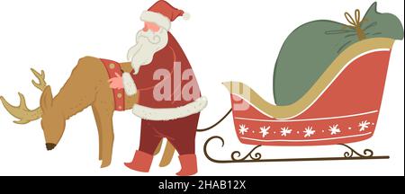 Weihnachtsmann mit Hirsch und Schlitten voller Geschenke Stock Vektor