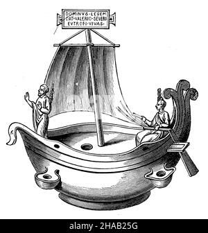 Alte christliche Lampe aus Bronze. (4th. Jahrhundert). Christus als Steuermann, Mann als Passagier, der sich auf den Hafen der Ewigkeit beeilt, getragen vom Schiff der Kirche., , (Geschichtsbuch, 1899), Altchristliche Lampe aus Bronze. (4. Jahrhundert). Christus als Steuermann, der Mensch als Passagier, dem Hafen der Ewigkeit zueilend, geteilt vom Schiff der Kirche Stockfoto