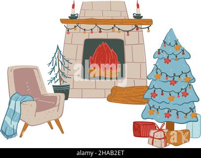 Kamin und Kerzen Weihnachtsstimmung zu Hause Stock Vektor