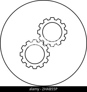 Zahnrad mit zwei Gängen Zahnräder Satz Zahnräder verbunden in Arbeitsmechanismus Symbol im Kreis Runde schwarze Farbe Vektor Illustration Bild umreißen Konturlinie Stock Vektor