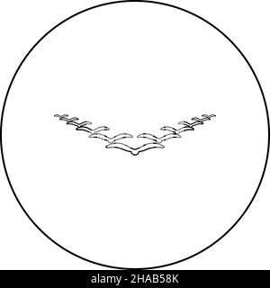 Vogelschwarm, der im Keil am Himmel fliegt Führungs-Konzept Migration Silhouette Symbol im Kreis rund schwarz Farbe Vektor Illustration Bild Stock Vektor