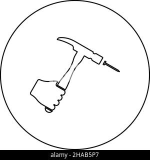 Hammer trifft Nagel in der Hand Klaue halten Fixierung und Reparatur von Arbeitswerkzeugen Symbol im Kreis Runde schwarze Farbe Vektor Illustration Bild Kontur Kontur Stock Vektor