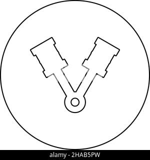 Kolben des Motors zwei Elemente mit Stangen für Auto Kurbelwelle Zylinder Nockenwelle Symbol in Kreis runden schwarzen Farbe Vektor Abbildung Bild Umriss ausgerichtet Stock Vektor