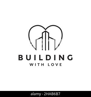 Kontinuierliche Linie Liebe mit Gebäude Logo Symbol Symbol Vektor Grafik Design Illustration Idee kreativ Stock Vektor