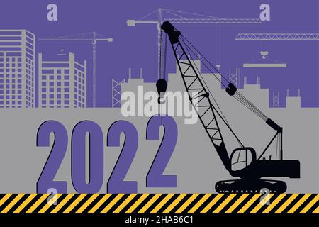 Neujahrskarte. Baukran montiert 2022 Figuren. Stock Vektor