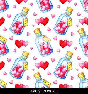 Aquarell Malerei Muster Flasche mit rosa und roten Herzen. Nahtloser, sich wiederholender Hochzeits-Druck zum Valentinstag. Isoliert auf weißem Hintergrund. Gezeichnet von Stockfoto