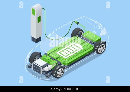 Isometrisches Betanken von Elektroautos. Stromversorgung für das Laden von Elektroautos. Moderne Technik und Umweltschutz. Stock Vektor