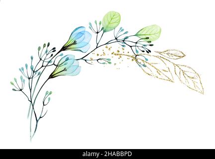 Aquarellbogen mit goldenem Glitzer und blauen Blüten. Abstraktes Banner mit transparenten Blumen und glänzender Folie. Botanische Blumen Hintergrund für moderne Stockfoto