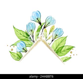 Aquarell-Blumenbanner mit goldenem Glitzer-Rahmen. Realistisches Poster mit blauen Blumen und Glitter-Folie. Dreieckige Form und Platz für Text Stockfoto