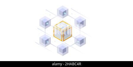 Isometrische Digital Art NFTs, generative Kunst. NFT Non-fungible Token ist eine einzigartige und nicht austauschbare Einheit von Daten, die auf einem digitalen Ledger gespeichert sind Stock Vektor