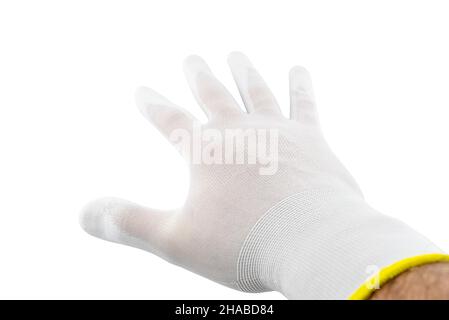 Weißer Arbeitshandschuh auf einer von menschen geöffneten Handfläche, innen mit Latex bedeckt, isoliert auf weißem Hintergrund mit Abschneideweg, obere Handfläche sichtbar. Stockfoto