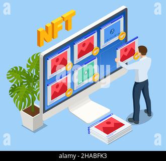 Isometrisches NFT Non-fungible Token ist eine einzigartige und nicht austauschbare Einheit von Daten, die auf einer Blockchain für digitales Ledger gespeichert sind. Digitale Kunst NFTs, generativ Stock Vektor