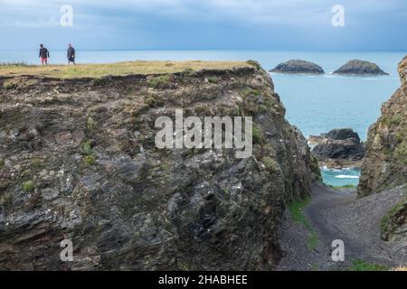 Wandern, Wanderer, Wanderer, Wandern, Wandern, Spaziergänger, auf, Pembrokeshire Coast Path,,in der Nähe, St Davids, Pfad, zwischen Porthgain, und, Abereiddy, Turm, atemberaubend, Aussicht, abgelegen, Bucht, und, Traeth Llyfn, Llyfn, Strand, Sandstrand, Pembrokeshire, Küste, Küste, Wales, Wales, Wales, Großbritannien, Großbritannien, Großbritannien, Großbritannien, Stockfoto