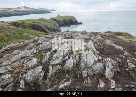 Wandern, Wanderer, Wanderer, Wandern, Wandern, Spaziergänger, auf, Pembrokeshire Coast Path,,in der Nähe, St Davids, Pfad, zwischen Porthgain, und, Abereiddy, Turm, atemberaubend, Aussicht, abgelegen, Bucht, und, Traeth Llyfn, Llyfn, Strand, Sandstrand, Pembrokeshire, Küste, Küste, Wales, Wales, Wales, Großbritannien, Großbritannien, Großbritannien, Großbritannien, Stockfoto