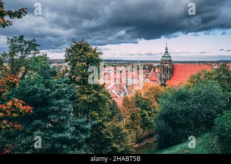 Eine malerische Aussicht auf die Stadt Cesky Krumlov mit roten Dächern in der Tschechischen Republik Stockfoto