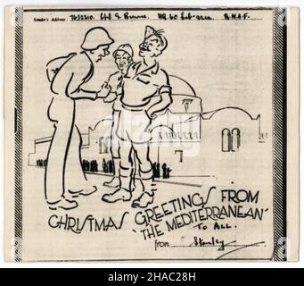 1942-1943. „Weihnachtsgrüße aus dem Mittelmeer“, Weihnachtsbotschaft von einem Soldaten der britischen 8th-Armee in Nordafrika. Sehr minimaler Brief, als fotografisches Bild gepostet. An Familie in Nordirland geschickt. Stockfoto