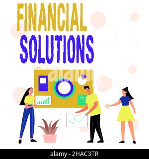 Unterschreiben Sie mit der Anzeige „Financial Solutions“. Konzeptfoto zur Einsparung von Versicherung und Schutz benötigt Unterstützung durch Mitarbeiter gemeinsam Ideen austauschen für Stockfoto