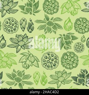 Vektor grüne Reihen von Lotusblumen, Blatt und Samenschoten 07 Wiederholungsmuster. Geeignet für Textilien, Geschenkpapier und Tapeten. Stock Vektor