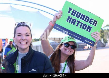 12th. Dezember 2021; Sydney Showground Stadium, Sydney Olympic Park, NSW, Australien: BBL Big Bash League Cricket, Sydney Thunder gegen Melbourne Stars: Sydney Thunder Fan Stockfoto