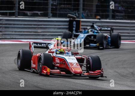 02 Piastri Oscar (aus), Prema Racing, Dallara F2, Aktion während des Laufs 8th der FIA Formel 2 Meisterschaft 2021 vom 10. Bis 12. Dezember 2021 auf dem Yas Marina Circuit, in Yas Island, Abu Dhabi - Foto: Diederik Van der Laan/DPPI/LiveMedia Stockfoto