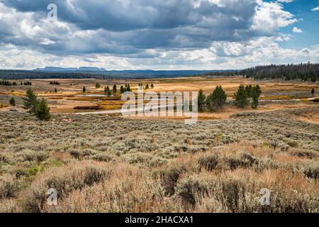 Sagebush, Wiesen, Blick südlich vom Union Pass, FR 600, Wind River Range in weiter Ferne, Bridger Teton National Forest, Wyoming, USA Stockfoto