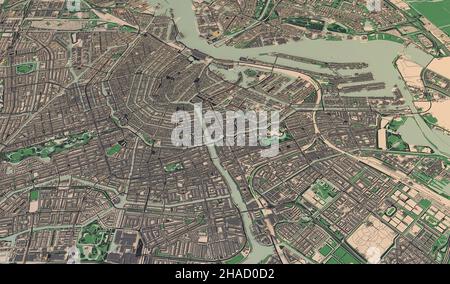 Satellitenansicht von Amsterdam, der Hauptstadt der Niederlande. Karte, Kanäle und Straßen. Paläste und Gebäude. 3D Rendern Stockfoto