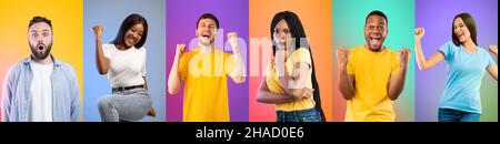 Collage aus überraschten und glücklichen, multirassischen Männern und Frauen, die sich mit Fäusten über farbenfrohe Hintergründe posieren Stockfoto